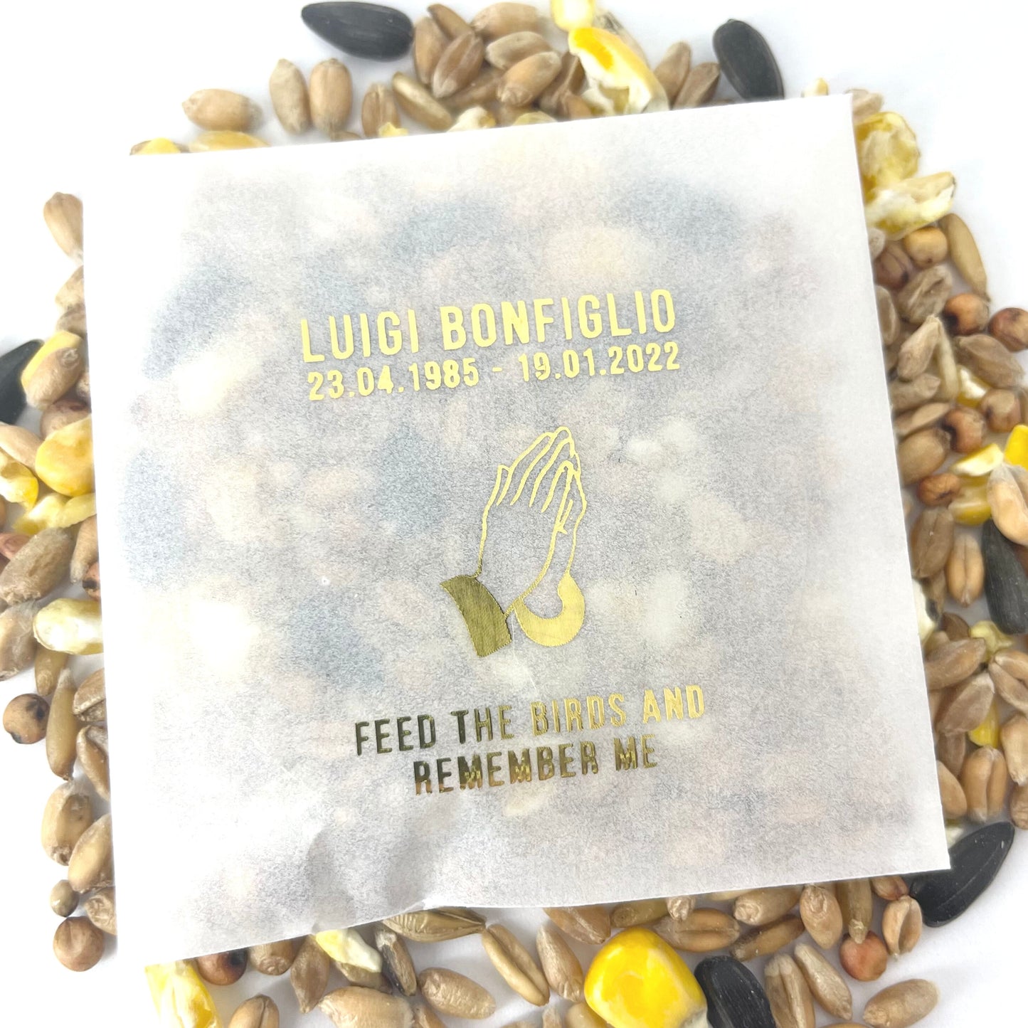 Personalised Never Forgotten Bird Seed Funeral Favours - Prayer Hand Design