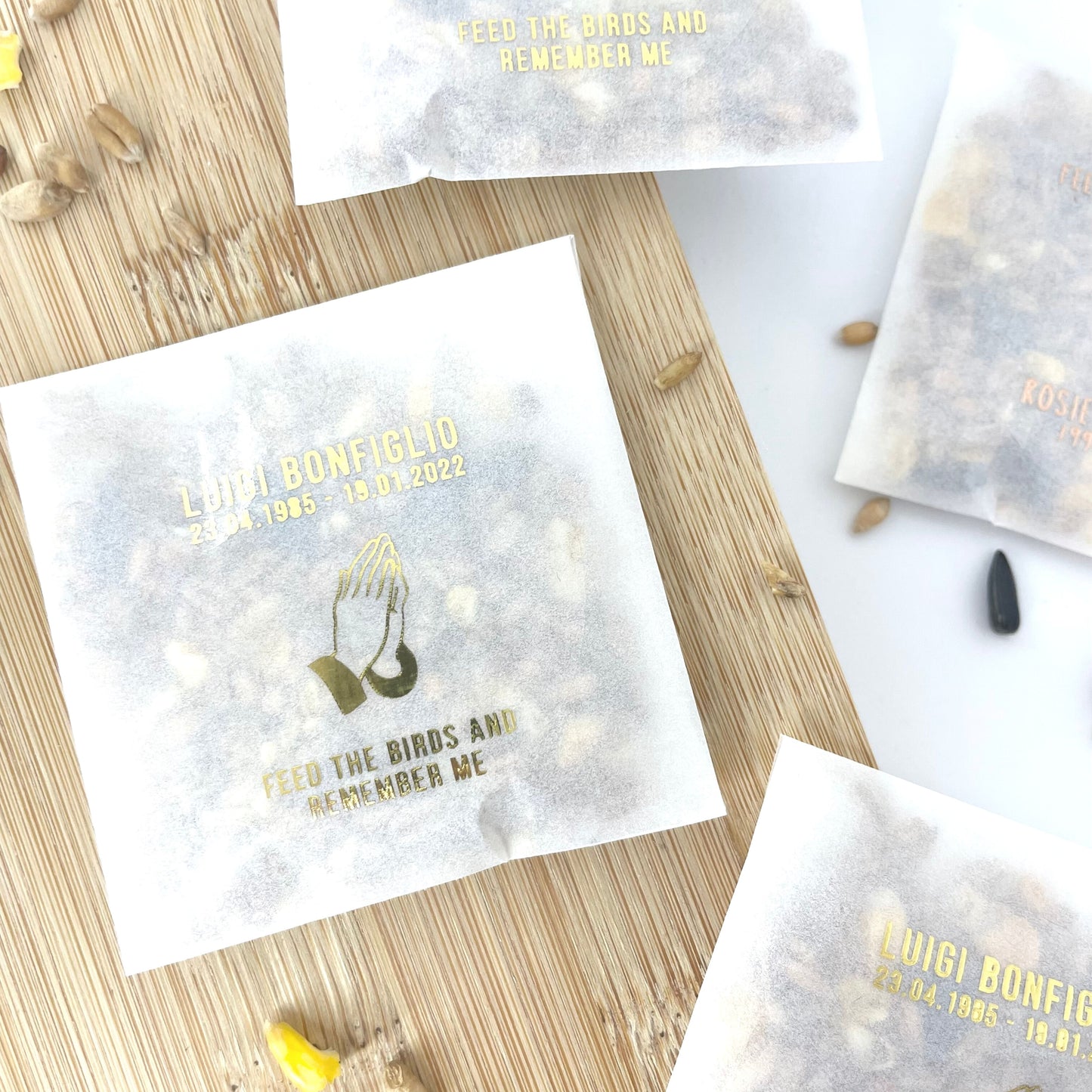 Personalised Never Forgotten Bird Seed Funeral Favours - Prayer Hand Design