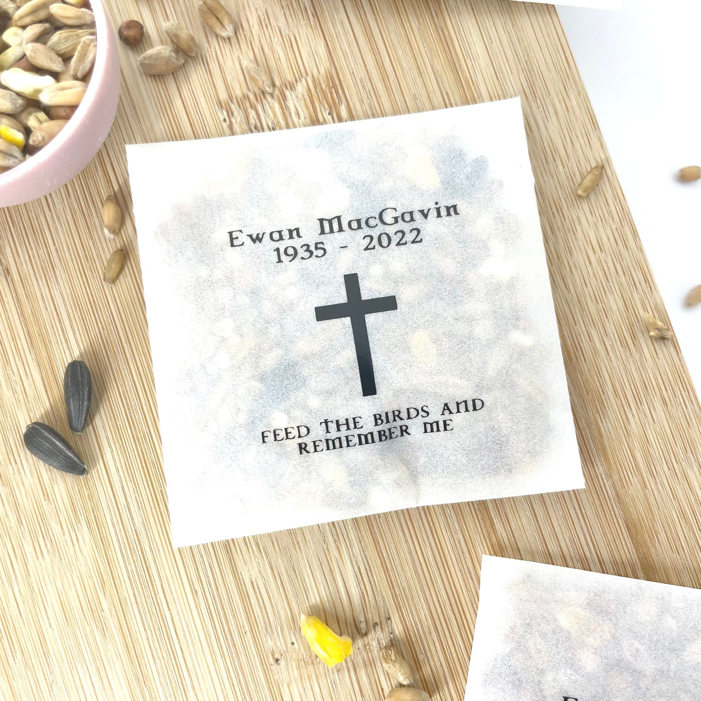 Custom Feed The Birds Remembrance Funeral Favours