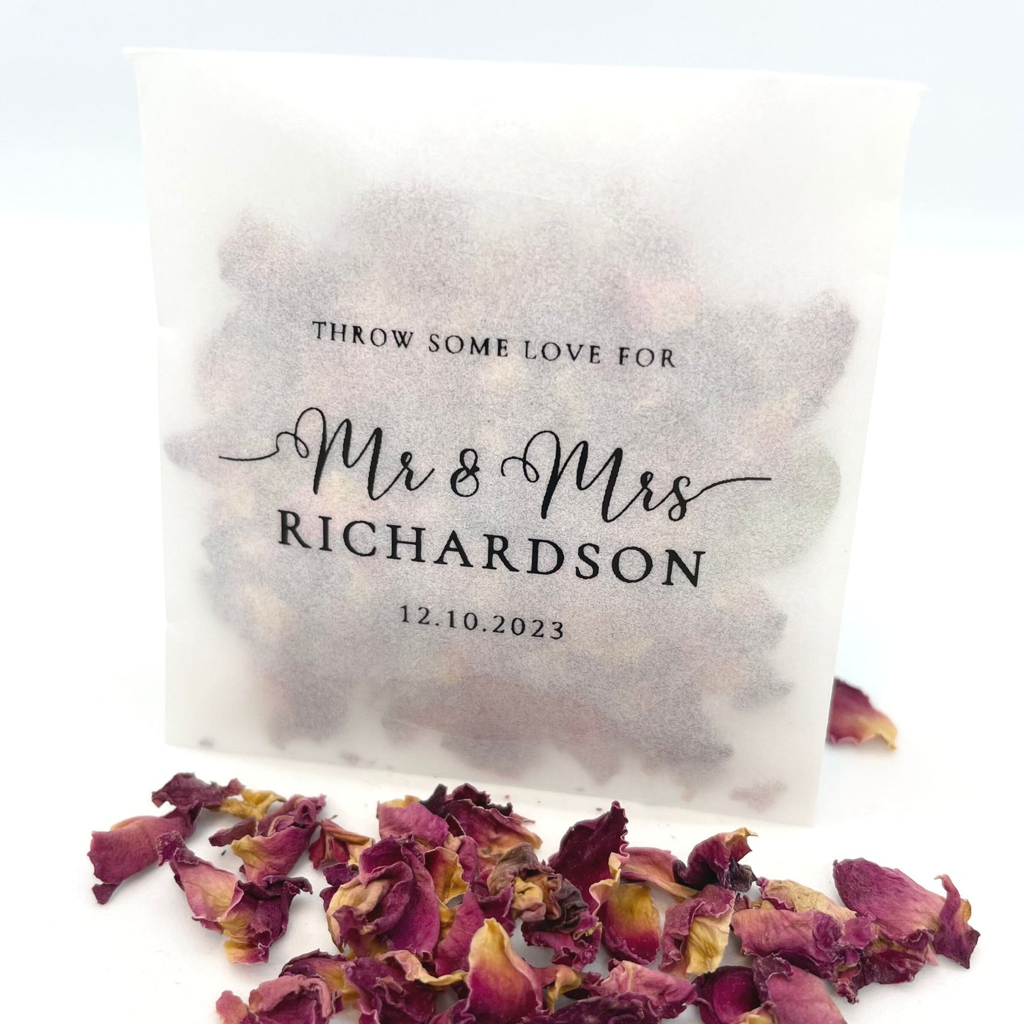 Personalised Dark Red Rose Petals Pre-Filled Confetti Packet